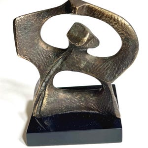 Signed Modernist Figural Sculpture Art Figure Heavy Weight Dark Aged Bronze Brass Tone Cast Metal Black Stone Base Vintage Mid Century