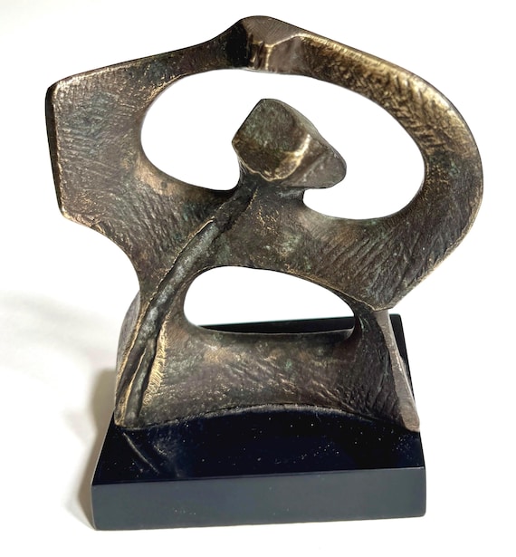 Signed Modernist Figural Sculpture Art Figure Heavy Weight Dark Aged Bronze Brass Tone Cast Metal Black Stone Base Vintage Mid Century