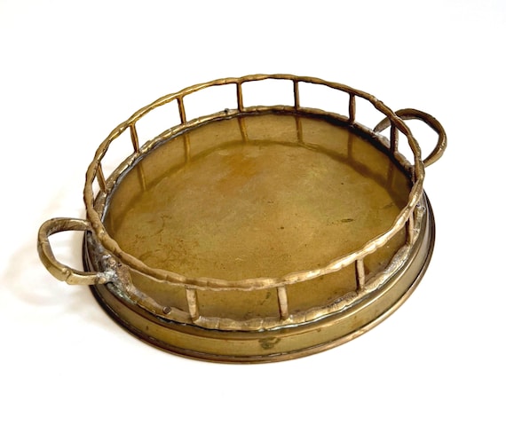 Round Mid Century Brass Bamboo Tray with Handles