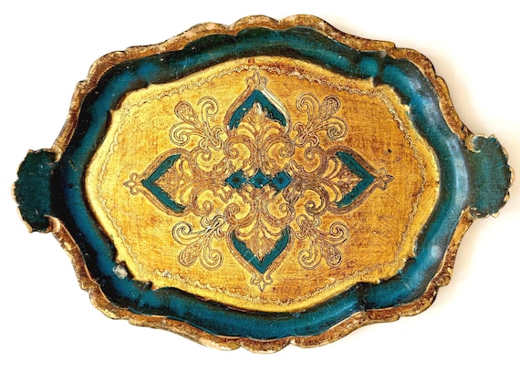 Vintage Florentine Tray Italian Ornate Decorative Painted Gilt Gold Wood