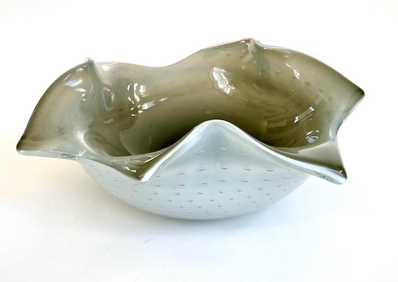 Vintage Bubble Art Glass Dish: Smokey Gray MCM Decor