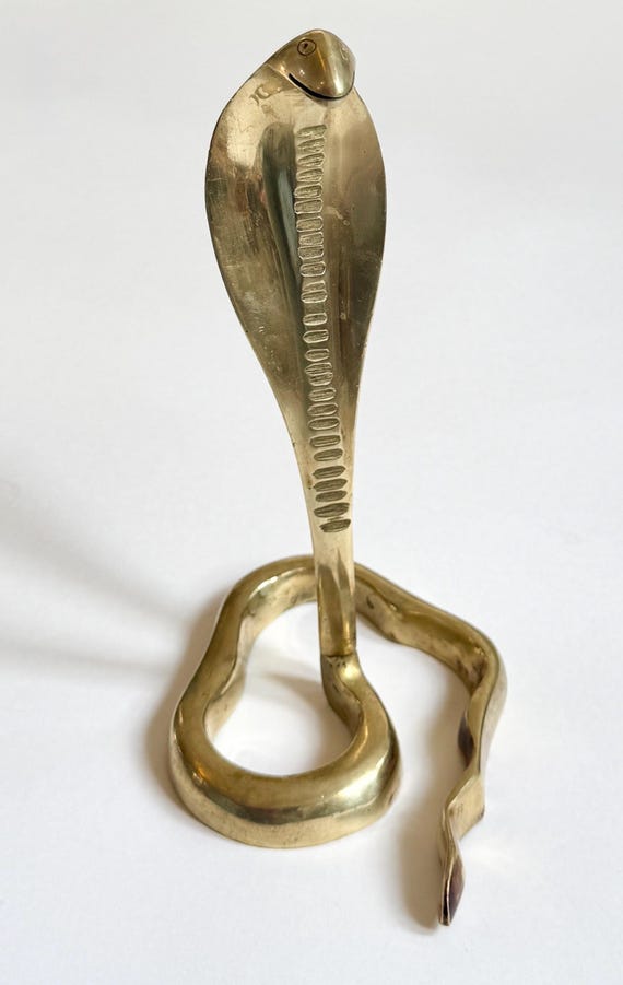 Vintage Brass Cobra Snake Figure Mid Century Brass Coiled Snake Figurine 8” Tall MCM Animal Reptile Home Art Object