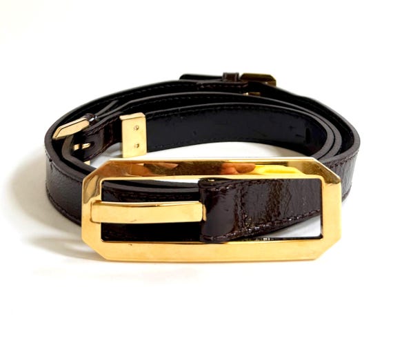 Vintage 90s Escada Belt Glossy Espresso Dark Brown Leather Gold Buckle