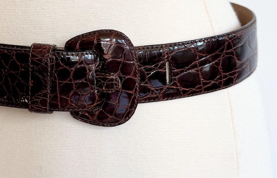 Saks Caiman Crocodile Belt Vintage Saks Fifth Avenue Glossy Dark Brown Strap Made in Italy Minimalist Neutral Solid Tone