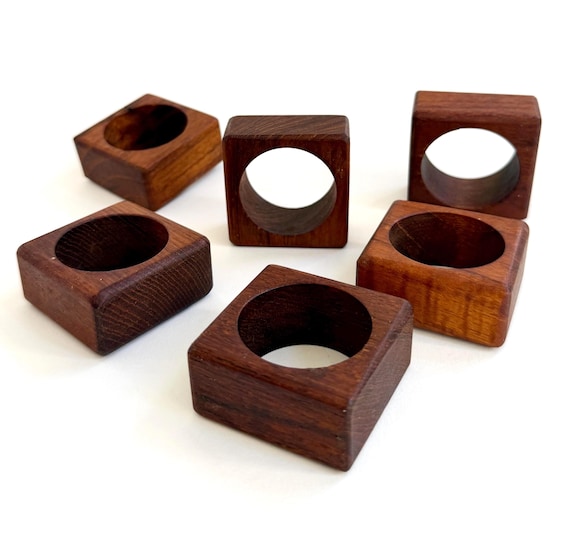 Mid Century Wood Napkin Ring Set Square Dark Teak Holders