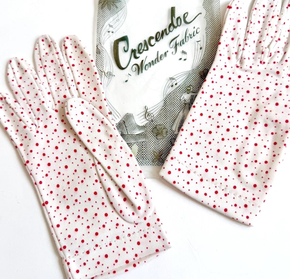 Retro Mid Century Vintage Day Gloves White Red Polka Dot Crescendoe Packaging