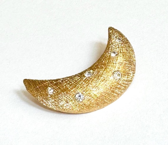 Vintage Christian Dior Moon Brooch 80s Gold Tone Celestial Crystal Pin