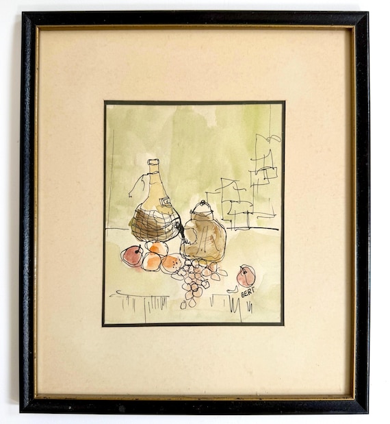 Mid Century Still Life Watercolor Drawing Vintage Minimalist Neutral Wall Art