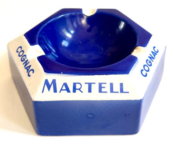 Vintage French Martell Cognac Ashtray Blue and White Faïencerie de Moret Ceramic