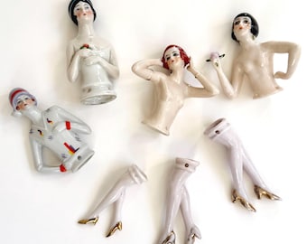 Antique Porcelain Flapper Girl Half Doll Legs Pin Cushion Powder Topper