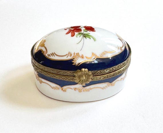 Vintage French Limoges Box Cobalt Blue White French Porcelain Gold Floral Trim and Clasp Hand Painted Oval Pillbox Small Trinket Box