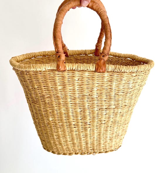 Vintage Basket Purse Bag Tote Tan Leather Handles Jane Birkin Style Basket Bag Spring Summer Beach Market
