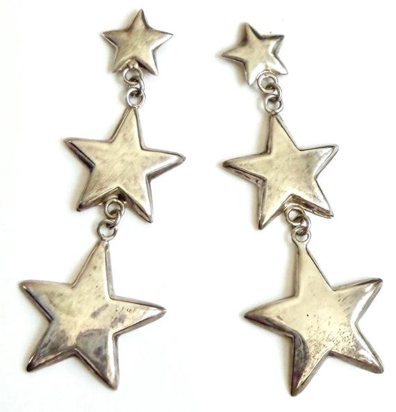 Vintage Sterling Silver Star Earrings 2.5” Dangle Drop Modernist Style