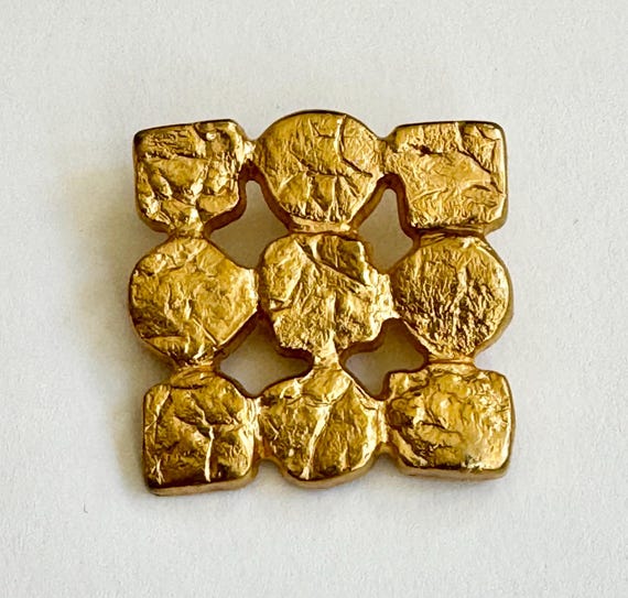 French Gold Square Brooch Pin Made in France Brushed Matte Gold Sculptural Modernist Minimalist Style Paris Flea Market Find