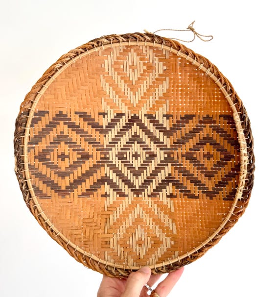 Vintage Handwoven Basket Bowl Neutral Brown Geometric Weave 11.5” Round