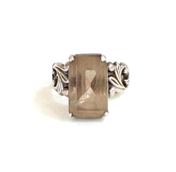 Vintage Smokey Crystal Baguette Cocktail Ring Ornate Sterling Silver Band Size 6