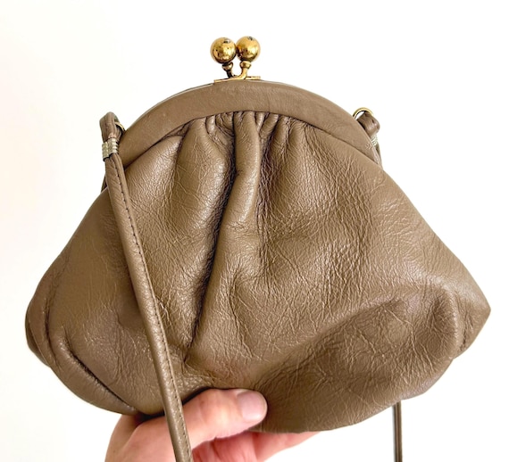 Vintage Taupe Leather Bag 70s Small Minimalist Crossbody