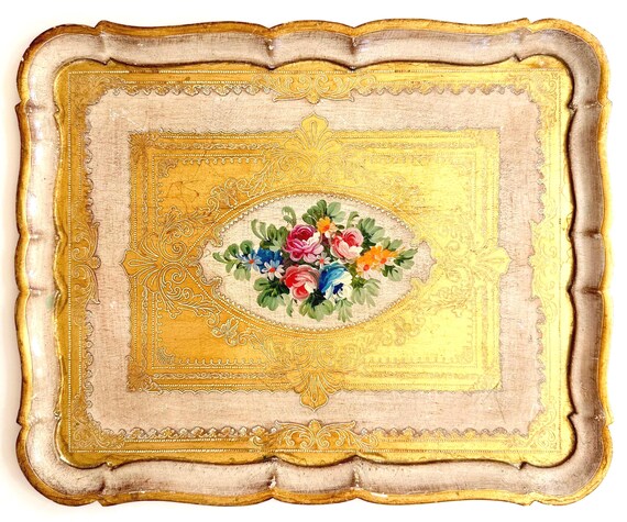 Large Vintage Florentine Tray Italian Ornate Decorative Painted Gilt Gold Wood