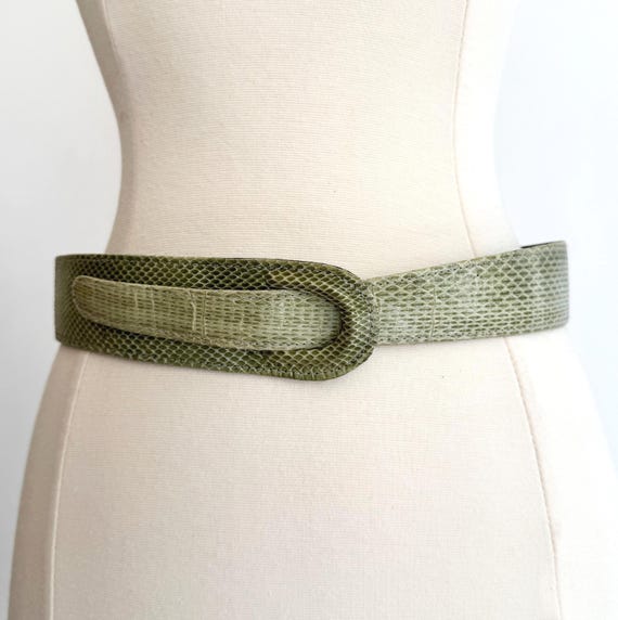 80s Snakeskin Waist Belt Vintage Pale Sage Green Gray Genuine Snakeskin Strap Minimalist Womens Dress Belt