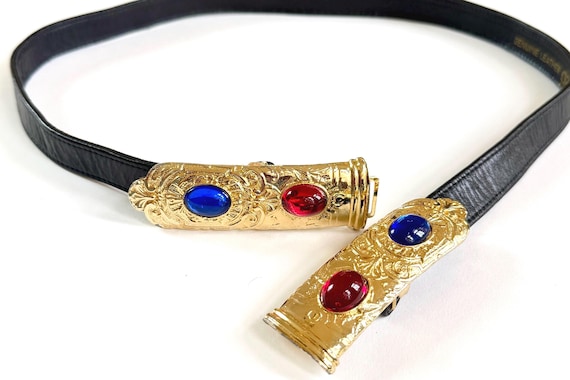 Vintage Jeweled Belt Black Leather Strap Gold Buckle 80s 90s