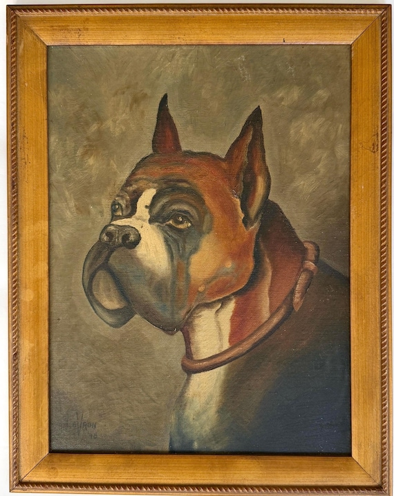1948 Original Oil Painting of Boxer Dog Signed LaVron Vintage Dog Portrait