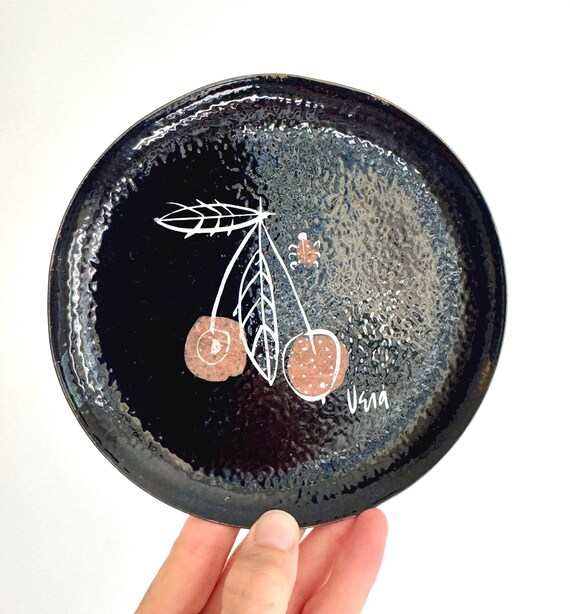 Vera Neumann Enamel Dish Rare Vintage Mid Century MCM Signed Round Circle Decorative Black Enameled Copper Pink Cherries