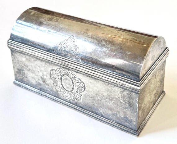 Antique Silver Plate Box Floral Etch Hinged Dome Lid