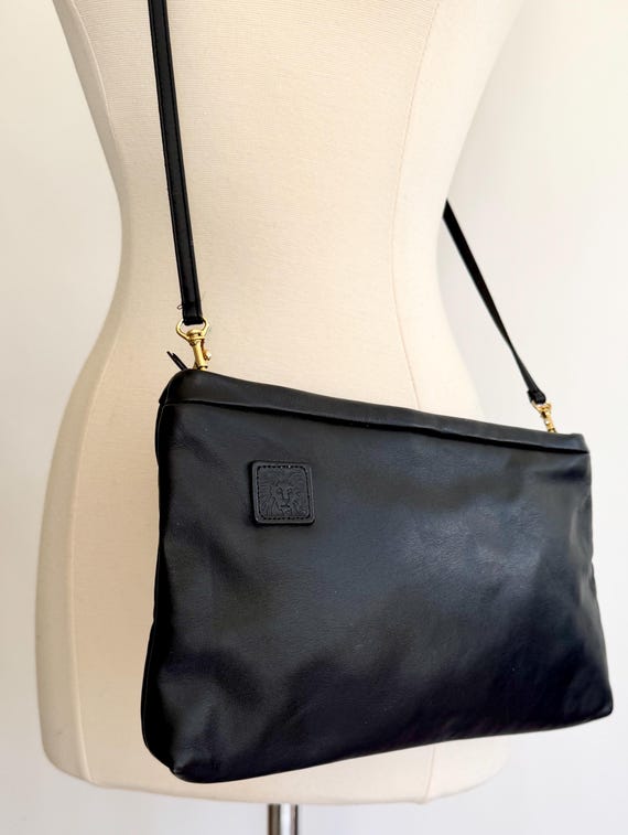 Buttery Soft Vintage Anne Klein Purse Bag Vintage 70s 80s Anne Klein for Calderon Minimalist Simple Solid Black Crossbody Clutch Lion Head