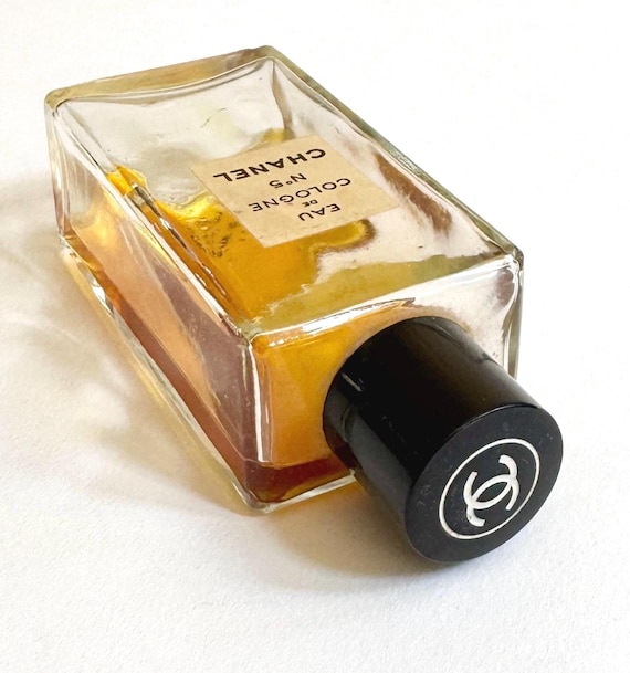 Vintage Chanel No 5 Perfume Eau de Cologne Clear Glass Bottle Interlocking CC Black Screw Top Lid