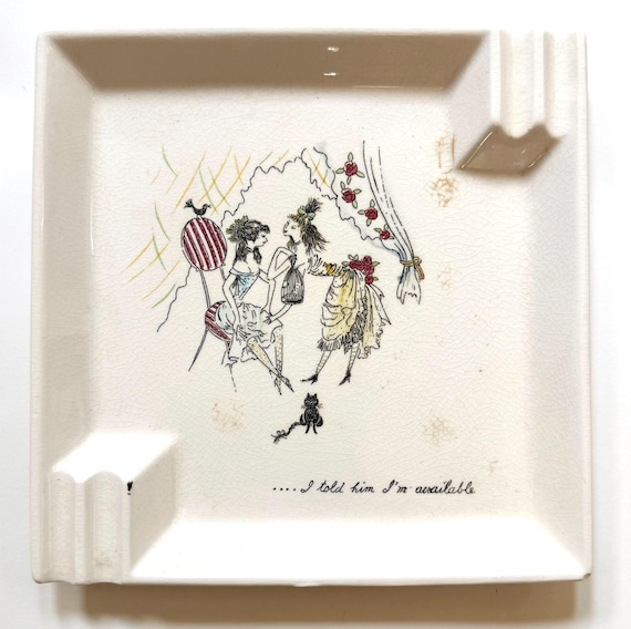 Mid Century Ceramic Ashtray Illustrated Feminine Boudoir Scene