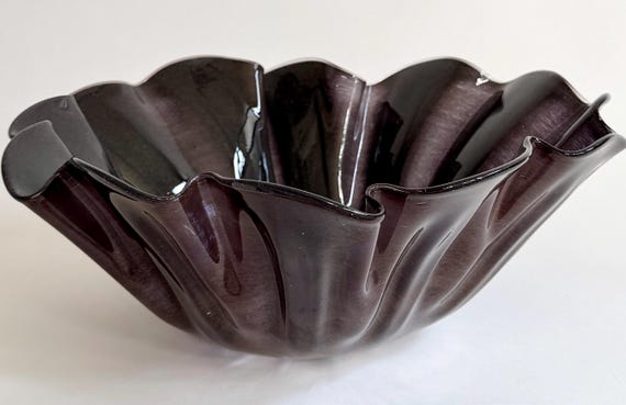 Free Form Art Glass Bowl Decorative Fluted Edge Smokey Eggplant Purple MCM Mid Century Minimalist Sleek Modernist Home Decor Large 12”