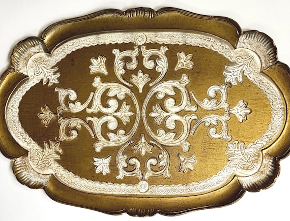 Vintage Florentine Italian Tray Ornate Painted Gilt Gold White Wood Decorative Floral Tray Made in Italy Vanity Bar Tray European Art