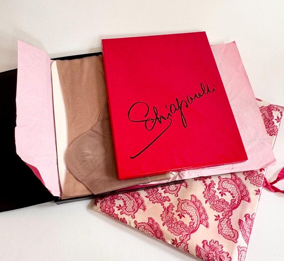 Vintage Schiaparelli Stockings Hosiery New in Logo Box Pink Lace Print Satin Hosiery Bag Two Pairs of Nude Buff Stockings
