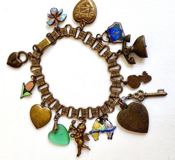 1940s Charm Bracelet Vintage Mid Century Gold Brass Bronze Finish Puffy Hearts Enamel Flower Tulip Cupid Padlock Bird Charm Heirloom Jewelry