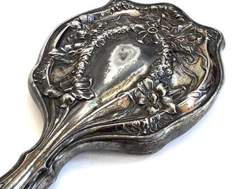 Antique Silver Plate Hand Mirror French Art Nouveau Boudoir Decor, Aged Patina