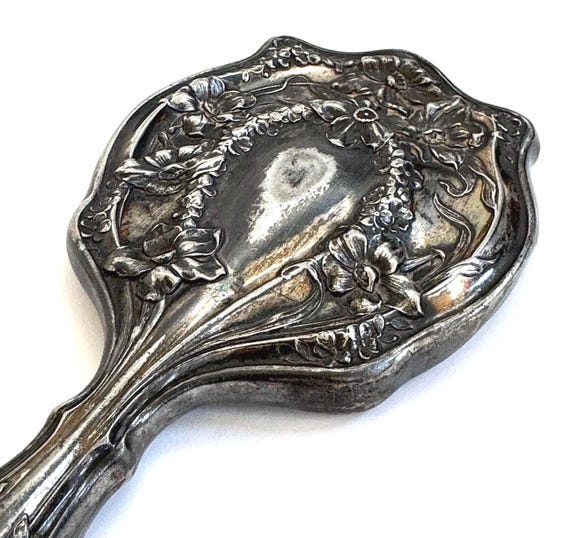 Antique Silver Plate Hand Mirror French Art Nouveau Boudoir Decor, Aged Patina