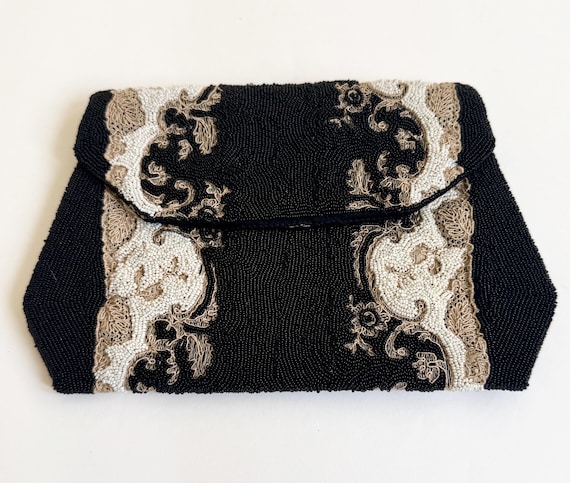 Made in Paris France Purse Bag Clutch Antique Late 1800s French Antique Micro Bead Very Tiny Delicate Ivory Black Seed Beads Silk Lined