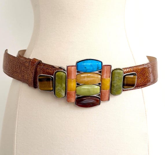 Vintage Multicolor Stone Statement Belt 80s 90s Gemstone Buckle