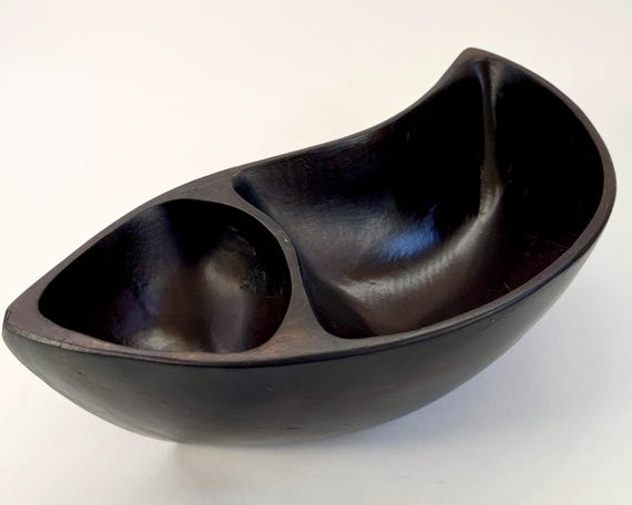 Sculptural Decorative Wood Bowl Divided Dish Minimalist Sleek Modernist Dark Espresso Brown Wood Finish Bean Kidney Shape
