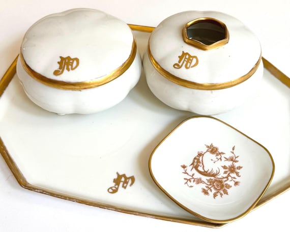 Antique Gilt Porcelain Vanity Set MZ Austria Moritz Zdedkauer Jean Pouyat Limoges Monogrammed White Porcelain Dresser Set Octagonal Tray