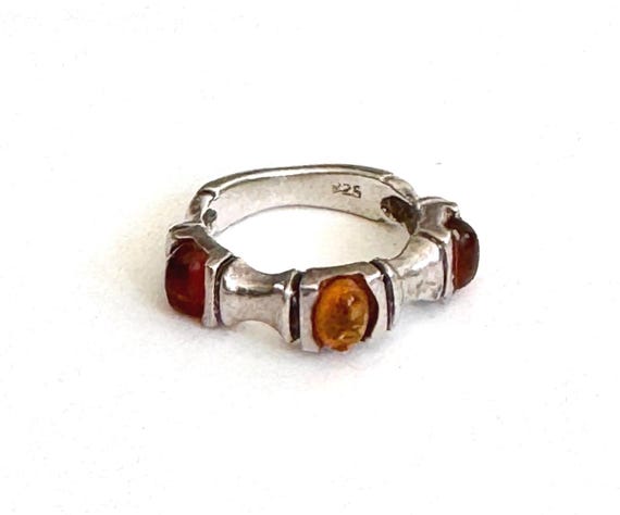 Sterling Silver Bamboo Ring Band Amber Colored Cabochon Accent Vintage Minimalist Bamboo Shaped Band 925 Size 5.75