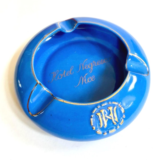 Vintage Hotel Negresco Hotel Ashtray Round Blue Ceramic French Riviera Nice Memorabilia