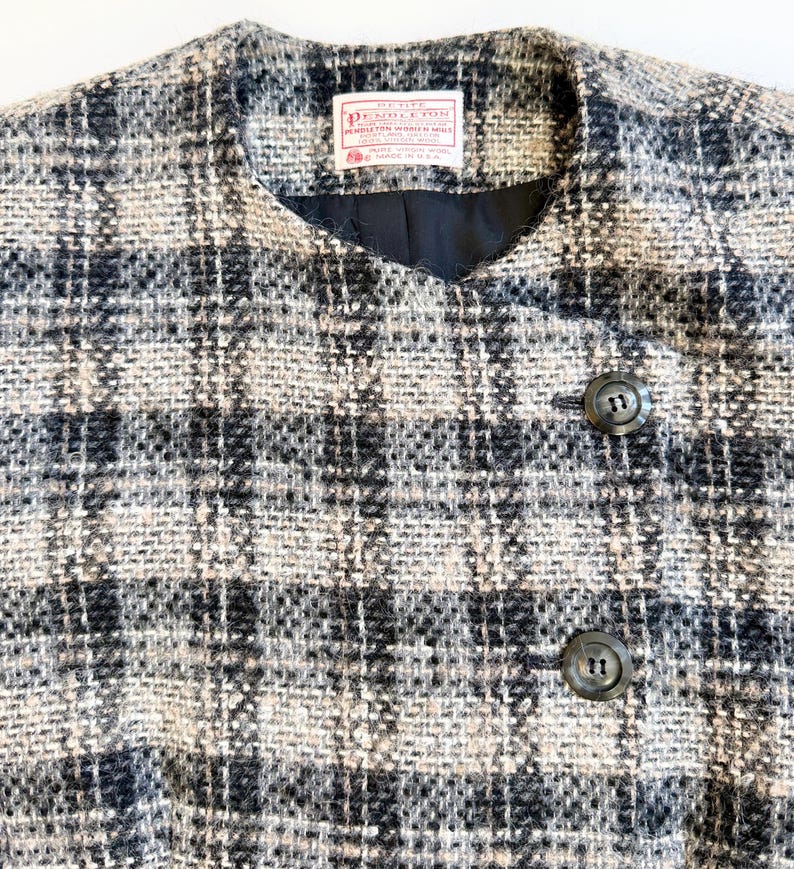 Vintage Pendleton Woolen Mills 70s 80s Plaid Collarless Jacket Soft Gray Plaid Virgin Wool Made in USA image 2