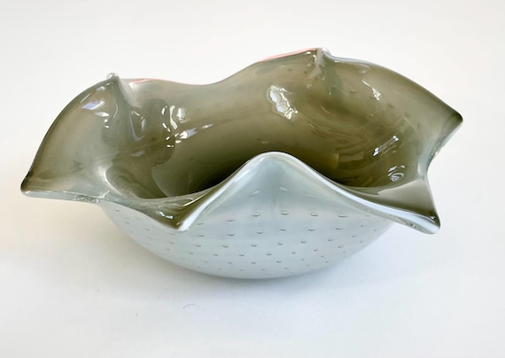 Bubble Art Glass Dish Dish Ashtray Smokey Milky Gray MCM Free Form Minimalist Sleek Modernist Home Decor