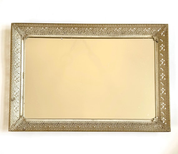 Vintage Mirrored Vanity Tray Ornate Gold Floral Frame