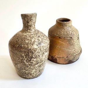 Raku Pottery Vase Set: Signed Vintage Studio Bud Vases, Neutral Earth Tones