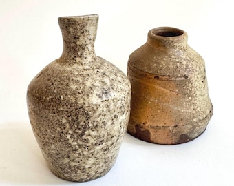 Raku Pottery Vase Set: Signed Vintage Studio Bud Vases, Neutral Earth Tones