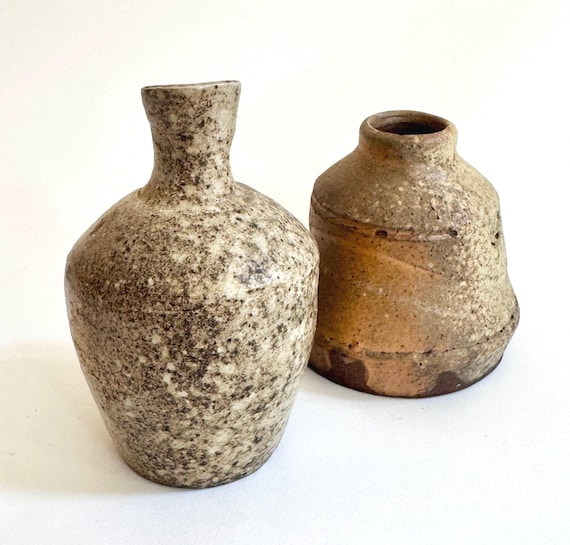 Neutral Raku Pottery Vase Pot Bud Vase Lot of 2 Vintage Signed Studio Pottery Natural White Beige Brown Earth Tone