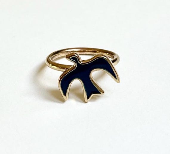 Nina Ricci Bird Ring Vintage 80s 90s French Designer Costume Jewelry Gold Tone Metal Dark Blue Enamel Bird Animal Ring 6.5
