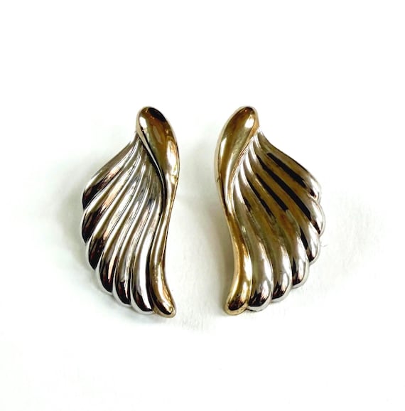 Vintage Sterling Silver Wing Earrings 90s Ribbed Studs